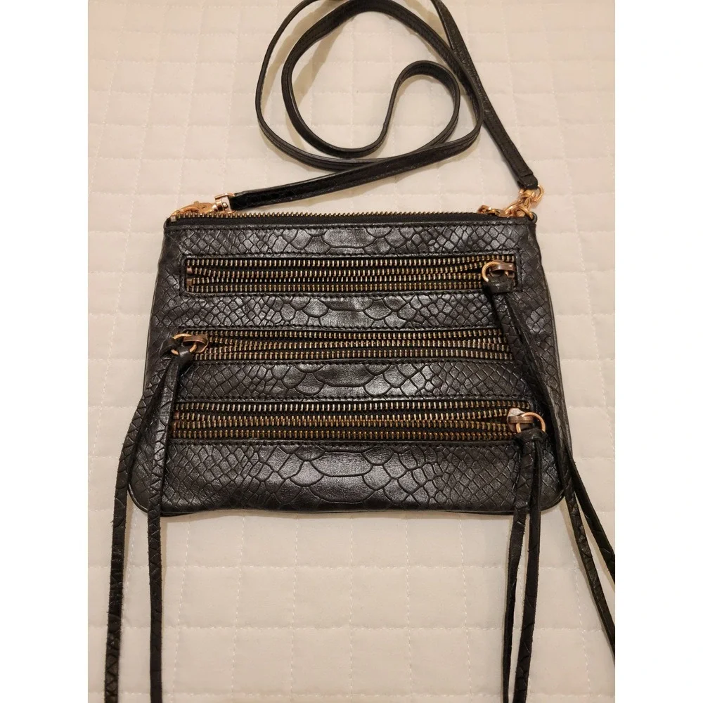 Rebecca Minkoff 3-Zipper Black Snake Embossed Crossbody Leather Bag Moto Goth